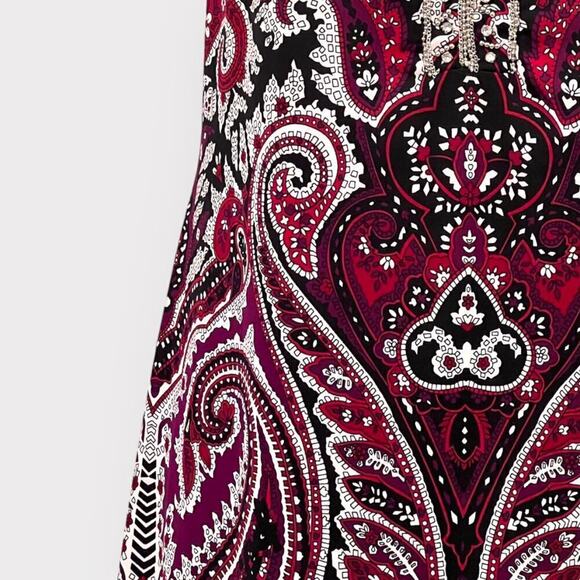 INC Womens Jewel Neck Mini Shift Dress with Bling sz M Black Burgundy Paisley - Picture 3 of 7